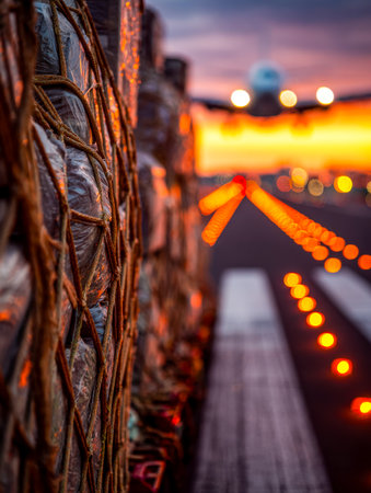 Textured cargo netting in sharp focus against a vibrant sunset glow, with a soft blur of runway lines creating an atmosphere of travel and transportatの写真素材