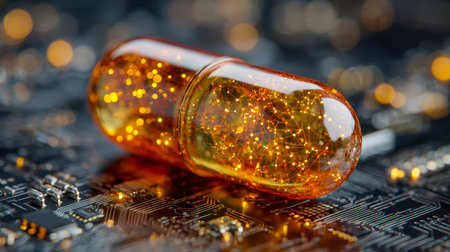 A sleek, advanced pod emits vibrant light pulses, connected through luminous web-like links,...