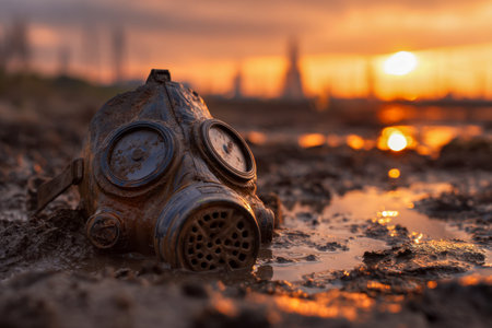 A weathered mask lies abandoned in slick mud as the dying sunlight paints the sky with warm hues,...