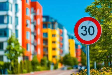 Vibrant residential facades line a lively street, where a clear 30 km/h speed limit sign stands out amid cheerful architecture and a bustling urban atmosphere.の写真素材