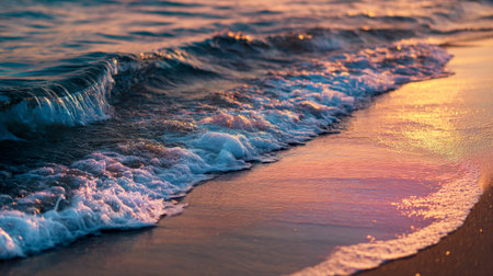 Serenity fills the scene as tranquil surf caresses golden sands under a vibrant sunset glow, casting shimmering reflections across the calm, inviting shoreline.の写真素材