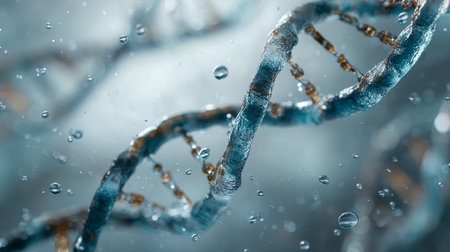 A vibrant, high-resolution depiction of a dna double helix nestled among shimmering water droplets, showing the intricate beauty and molecular complexity of genetic coの写真素材
