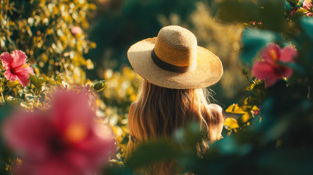 A woman wearing a large straw hat relaxes amid a radiant garden filled with blooming pink blossoms...