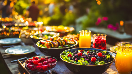 Colorful assortment of sliced fruits and refreshing drinks arranged on a picnic table, evoking a lively, joyful outdoor celebration amid natural surroundingsの写真素材