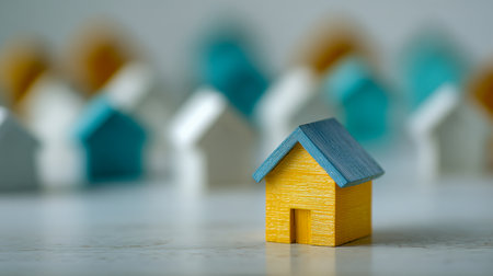 A vibrant yellow wooden home with a contrasting blue roof stands prominently against a soft-focus background of tiny houses, emphasizing community and neighborhood themesの写真素材