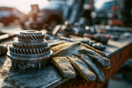 A collection of mechanical parts, hand tools, and lubricants arranged on a sturdy wooden surface,...