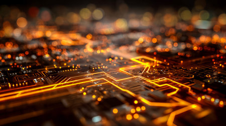 A luminous orange-lit motherboard with intricate circuitry, set against a softly blurred urban...