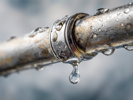 A detailed macro view captures moisture beading on a weathered, corrosion-marked metallic conduit,...