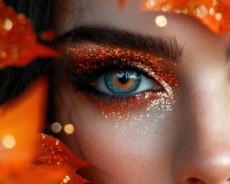 A woman's eye reveals a captivating blue hue framed by fiery autumn leaves, her eyelid adorned with shimmering, colorful makeup for a bold, stylish loのeditorial素材