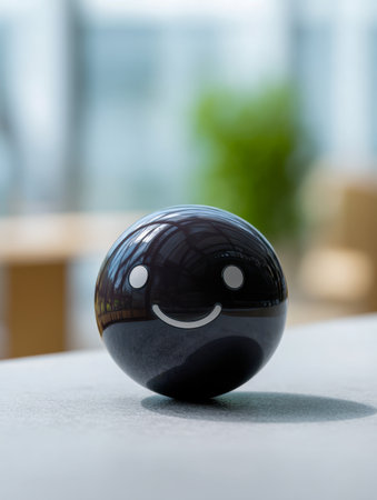 A glossy black globe with a cheerful expression, its mirror-like surface catching light, set against a sleek table in a vibrant contemporary interior with softly blurredの写真素材
