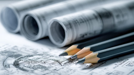 A focused shot of graphite drawing tools resting on intricate building plans, with curled sketches...