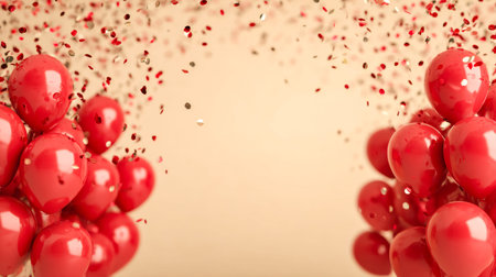 Vibrant party scene featuring bright red balloons and shimmering confetti, capturing joyful energy...