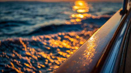 A tranquil evening scene where the golden hues of twilight shimmer on the calm water, gently caressing the boat's side and creating a peaceful coastal atmosphere.の写真素材