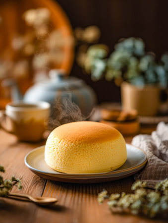 A delicate, cloud-like pancake rests atop a rustic ceramic dish, accompanied by a charming tea set,...
