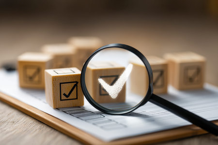 A close-up of a magnifying glass emphasizing a green checkmark on stacked wooden blocks atop a...
