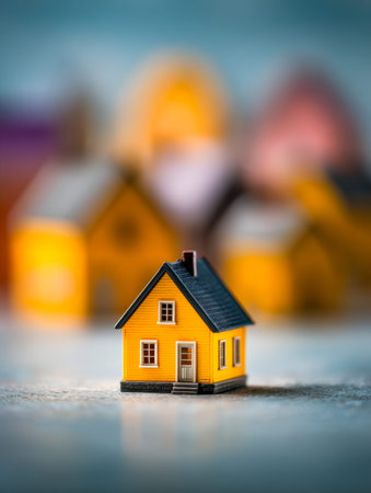A vivid yellow tiny home with a sleek black roof stands out sharply against a softly blurred...