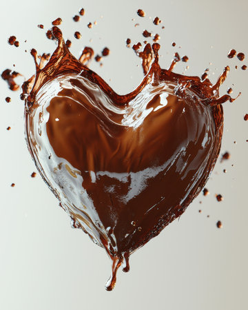 A dynamic cascade of rich chocolate forms a vibrant heart shape frozen mid-motion, evoking warmth and indulgence in a sleek, close-up shot.の写真素材