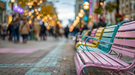 Vibrant painted benches line a bustling urban avenue as the evening glow casts warm hues, inviting passersby to pause amidst the energetic cityscape.の写真素材