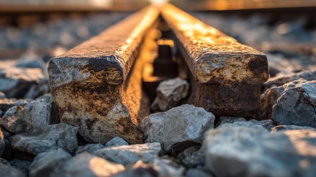 Rusted rails twist through rugged terrain as warm sunset hues cast long shadows, highlighting the passage of time etched onto the weathered metal and stones.の写真素材