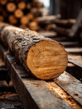 A raw timber piece with textured bark and prominent growth rings lies on an aged, weathered...