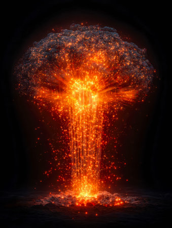 An intense digital art scene showing a vibrant, luminous blast of energy with glowing embers and...