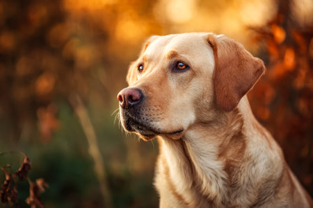 A friendly retriever's face illuminated by golden sunlight, set against a backdrop of vibrant fall...