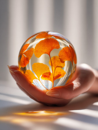 A gentle hand cradles a clear glass orb, encasing bright autumn foliage that captures and reflects...