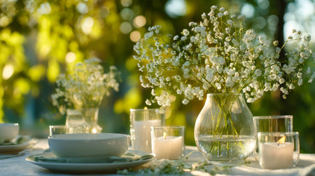 A sophisticated al fresco arrangement features pristine blossoms and flickering candles, bathed in...