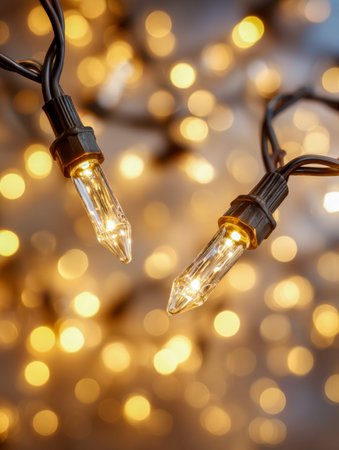 Twinkling string lights with luminous bulbs cast a gentle, inviting glow, filling the scene with...