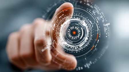 A sleek, high-tech scene featuring a hand interacting with glowing virtual data panels in a neon-lit...