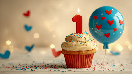 A joyful scene features a decorated cupcake with a flickering candles and sprinkles, accompanied by...