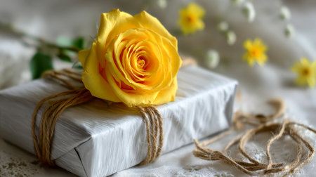 A delicately wrapped present featuring natural jute twine and a bright yellow bloom, set against a gentle floral backdrop evoking warmth and celebration.の写真素材