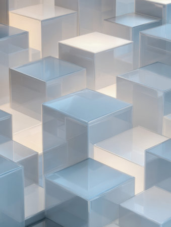 A dynamic composition of clear glass blocks gently illuminated, forming intricate geometric shapes...