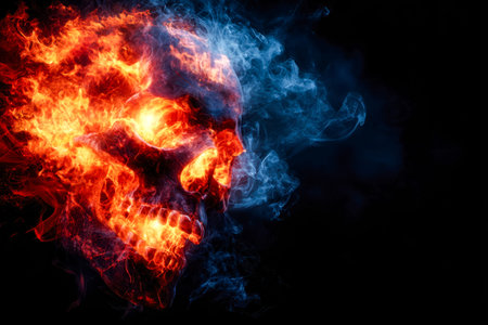 A glowing, flame-entwined skull emerges from shadows, wisps of smoke curling upward, creating an...