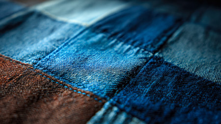 A detailed glimpse of rugged denim material reveals intricate stitching patterns and textured...