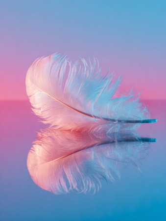 A delicate pastel-hued feather gently drifts above a tranquil surface, its mirrored image creating a...