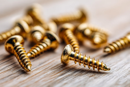 Shimmering brass fasteners lay randomly across a textured wooden background, creating a warm, rustic scene perfect for craftsmanship or diy project themes.の写真素材