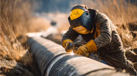 A focused professional toils outdoors, sparks flying as he welds a massive pipeline against a rugged landscape under a bright sky.の写真素材