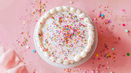 A cheerful, layered cake adorned with vibrant sprinkles sits against a soft pink backdrop, evoking...
