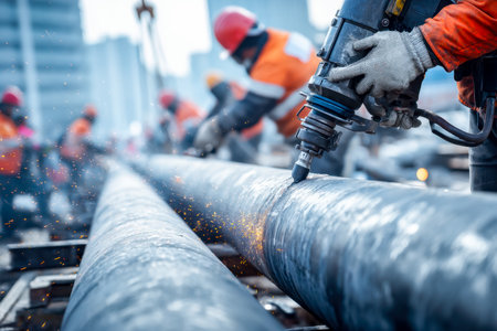 Skilled technicians in protective equipment weld a massive pipeline, sparks flying as they ensure precise assembly in an industrial setting.の写真素材