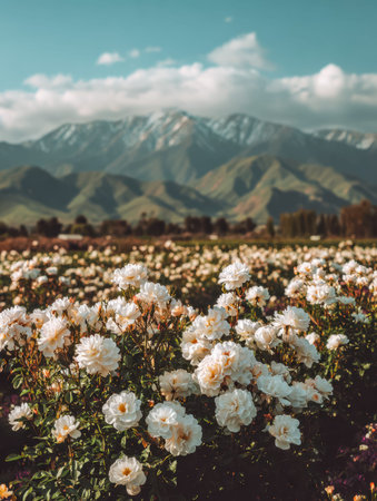Delicate white roses flourish at the mountain's edge beneath a crisp, azure sky, creating a serene...