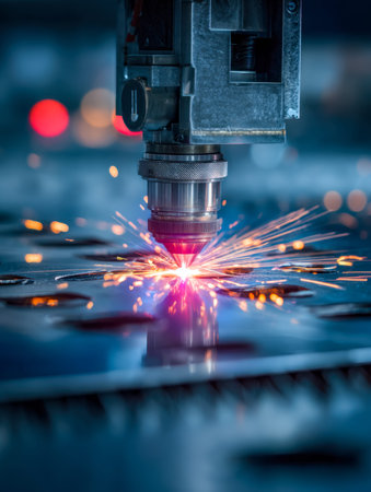 A high-precision welding operation unleashes a burst of luminous sparks and blazing rays, highlighting advanced manufacturing technology and craftsmanship.の写真素材