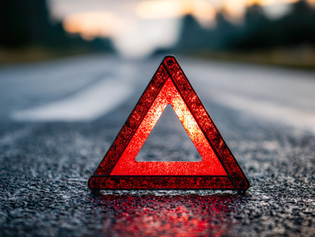 A safety triangle with reflective surfaces stands on a quiet road as the vibrant hues of sunset cast...