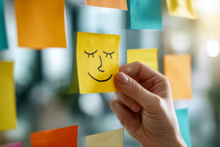 A hand grips a cheerful doodle on a small note, surrounded by vibrant reminders on a transparent...