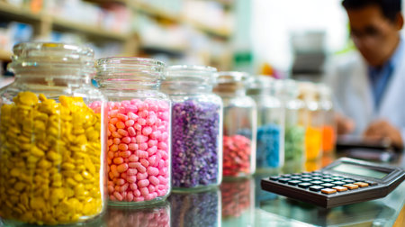 Brightly colored capsules and tablets arranged in transparent containers create a vibrant display on...