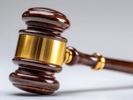 A sophisticated wooden gavel adorned with a shiny gold ring, representing fairness and authority,...