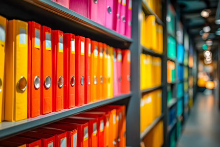 A vivid display of neatly arranged binders in bold shades, creating an energetic and organized workspace that inspires creativity and efficient document management.の写真素材