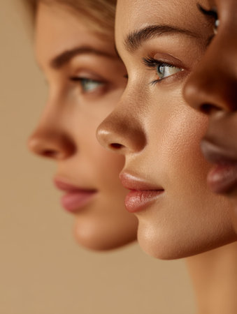 A collection of confident young women from various backgrounds, highlighting their authentic skin...