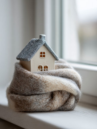 A charming tiny dwelling gently enfolded in plush wool, basking in warm sunlight from a nearby window, creating a serene and inviting atmosphere.の写真素材