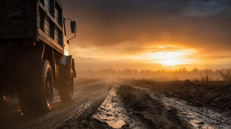 A rugged vehicle navigates through sticky mud under a fiery sunset sky, capturing adventure and resilience against nature's challenge.の写真素材